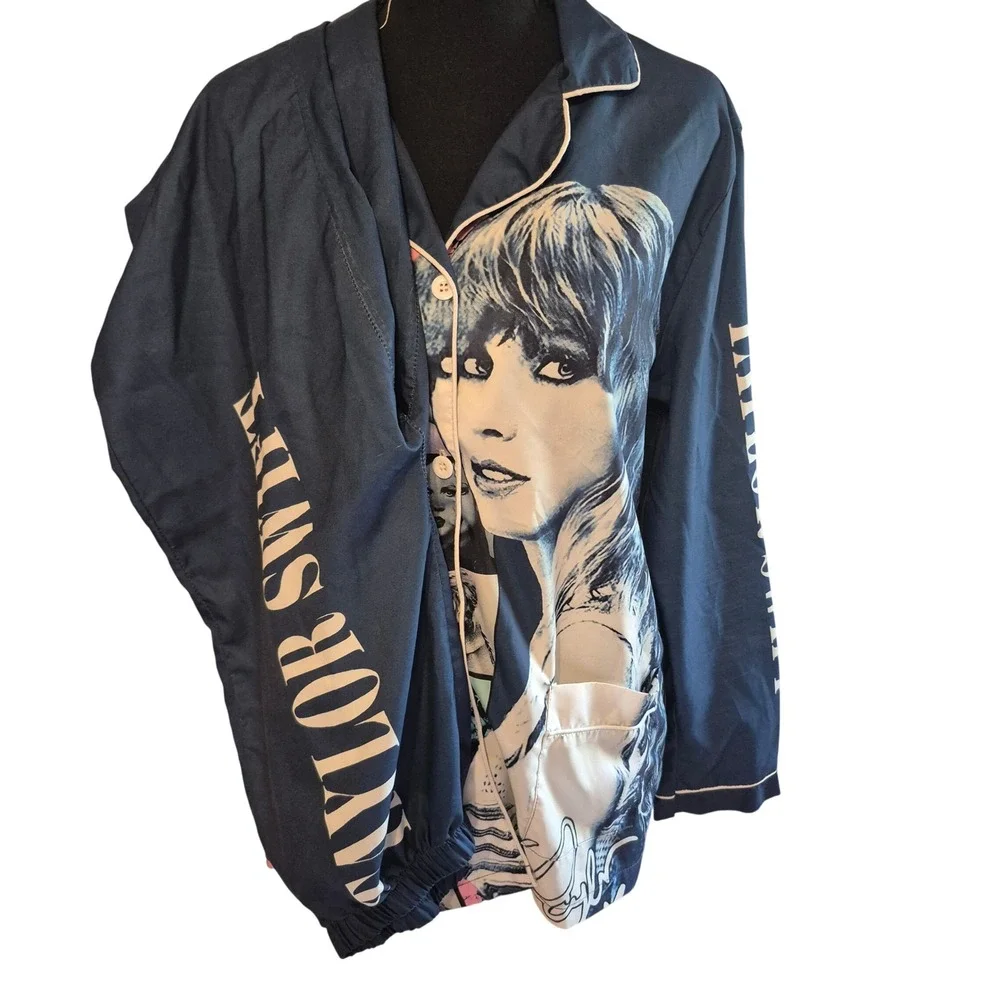 Taylor Swift Era Tour Pajama Set Womens Large Blue Button Front Silky Lounge Set